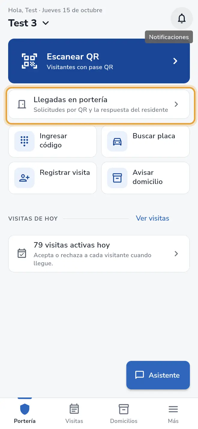Pantalla Portería: la fila Llegadas en portería está señalada