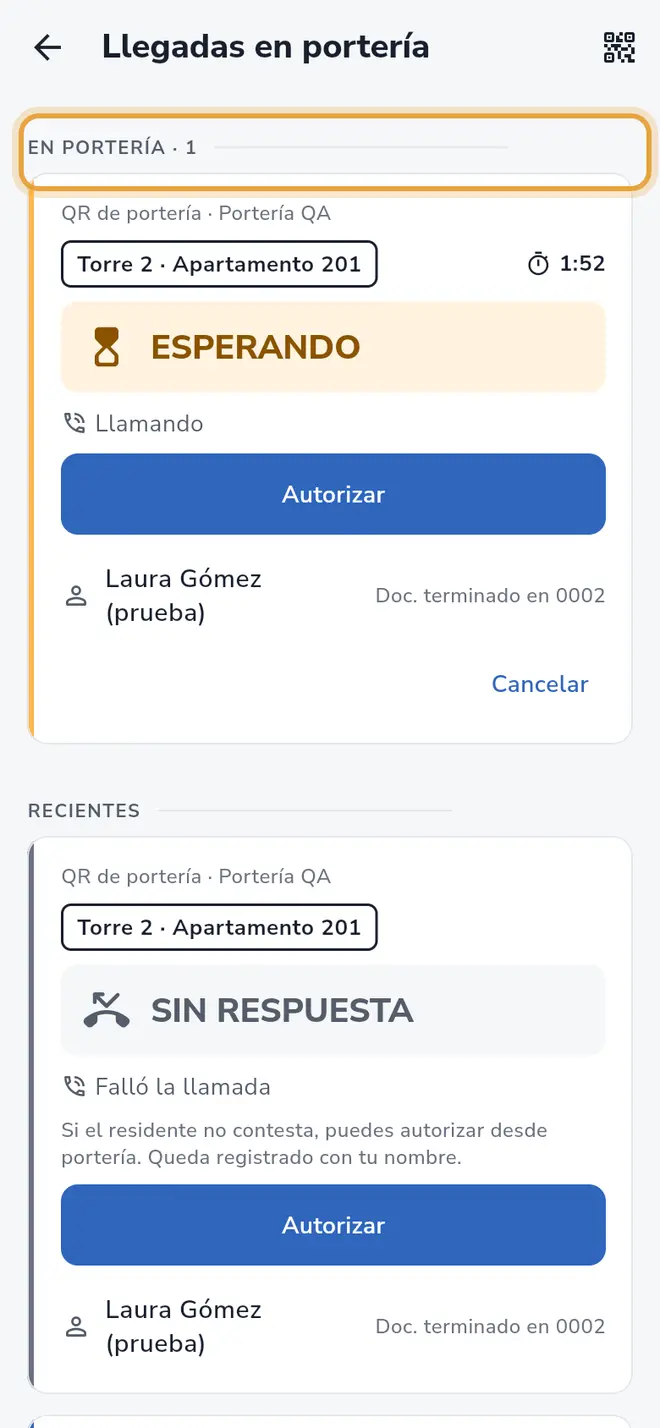 Pantalla Llegadas en portería: la sección En portería con una solicitud en espera y su cuenta regresiva