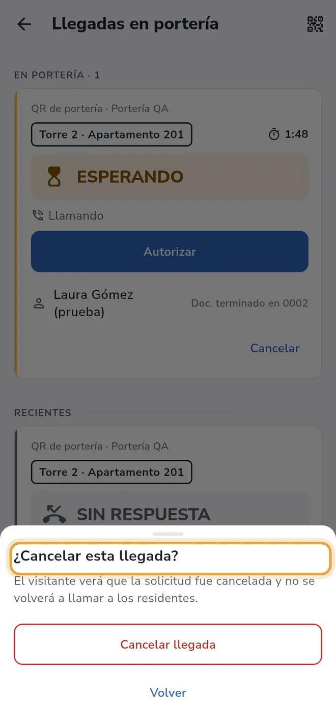 Ventana ¿Cancelar esta llegada? sobre una solicitud en espera