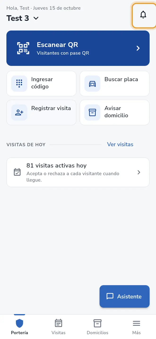Pestaña Portería: la campana de notificaciones está señalada
