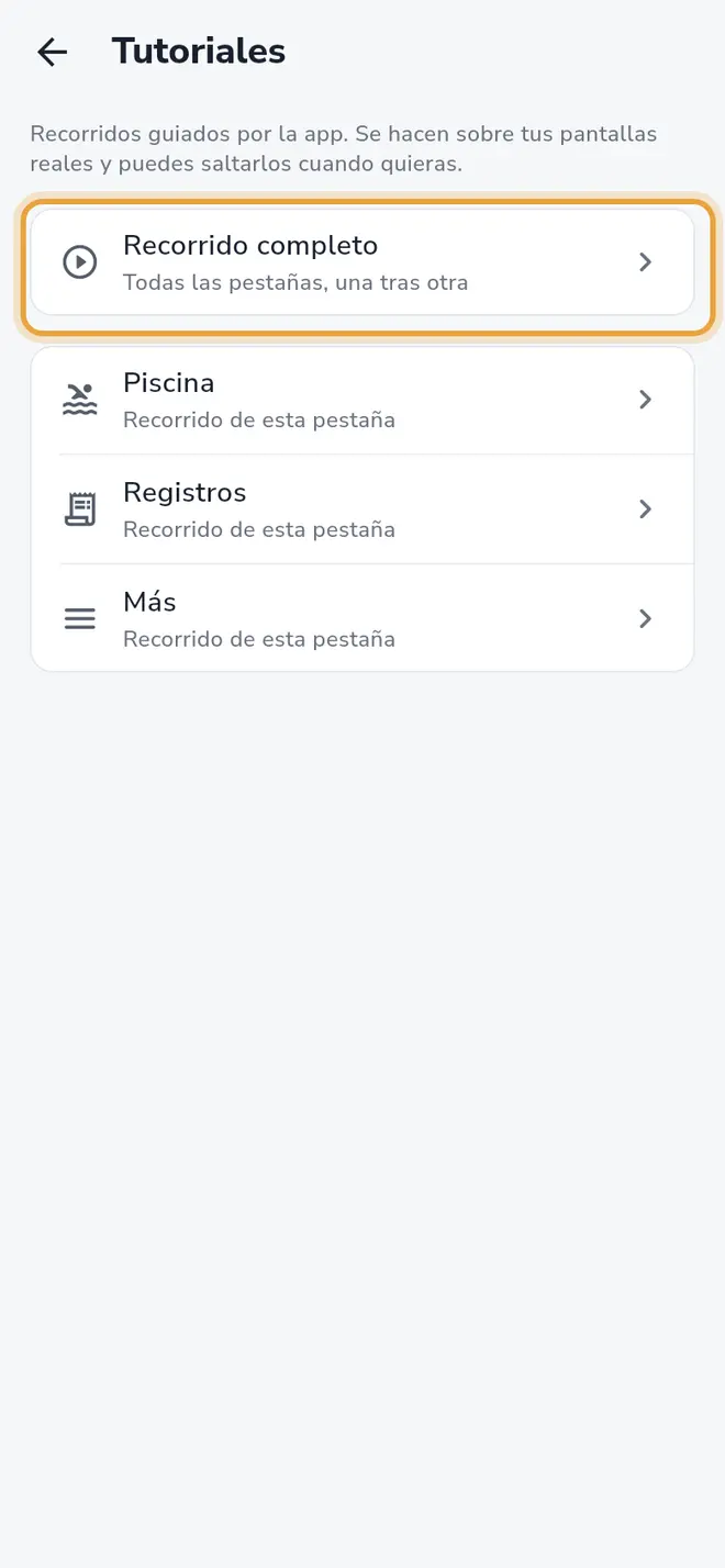 Pantalla Tutoriales: la opción Recorrido completo está señalada