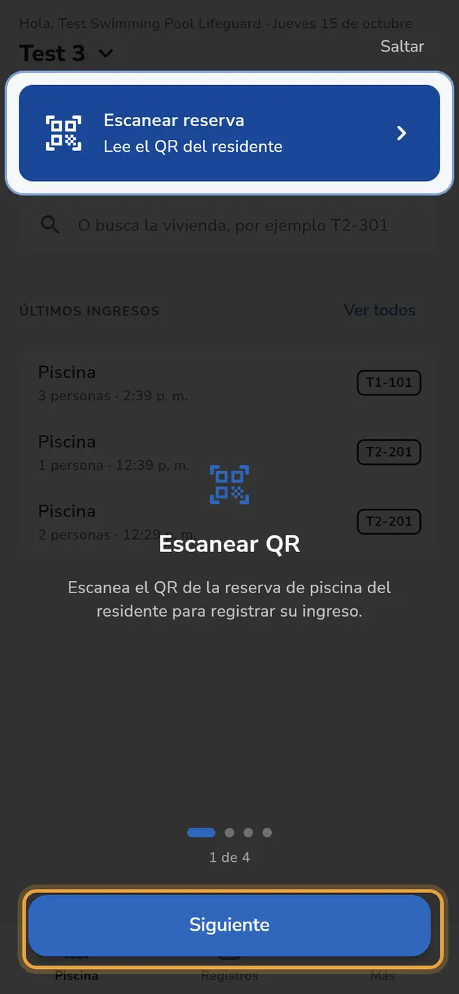 Recorrido guiado sobre la pantalla Piscina: el botón Siguiente está señalado