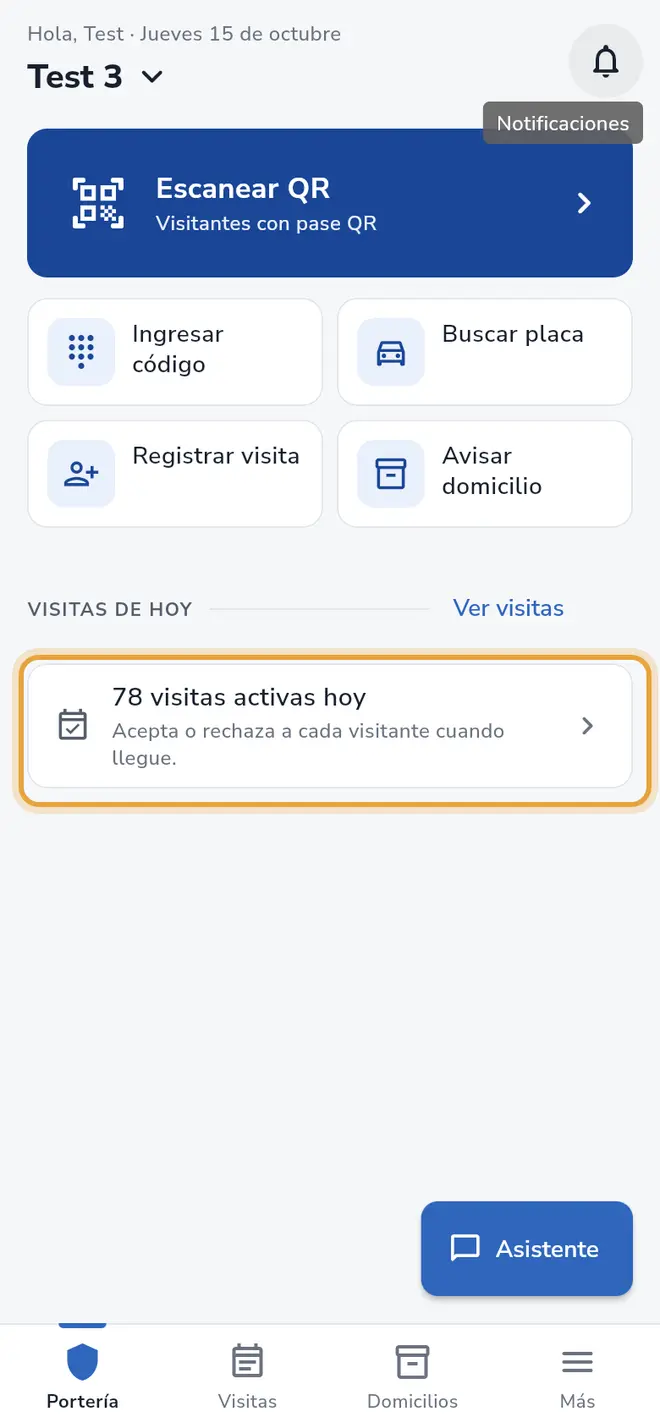 Pantalla Portería: la tarjeta de visitas activas de hoy está señalada
