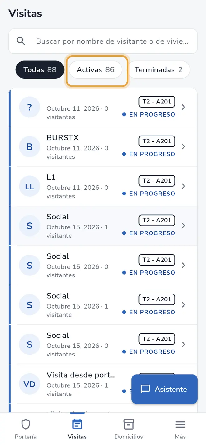 Lista de visitas: el filtro Activas está señalado