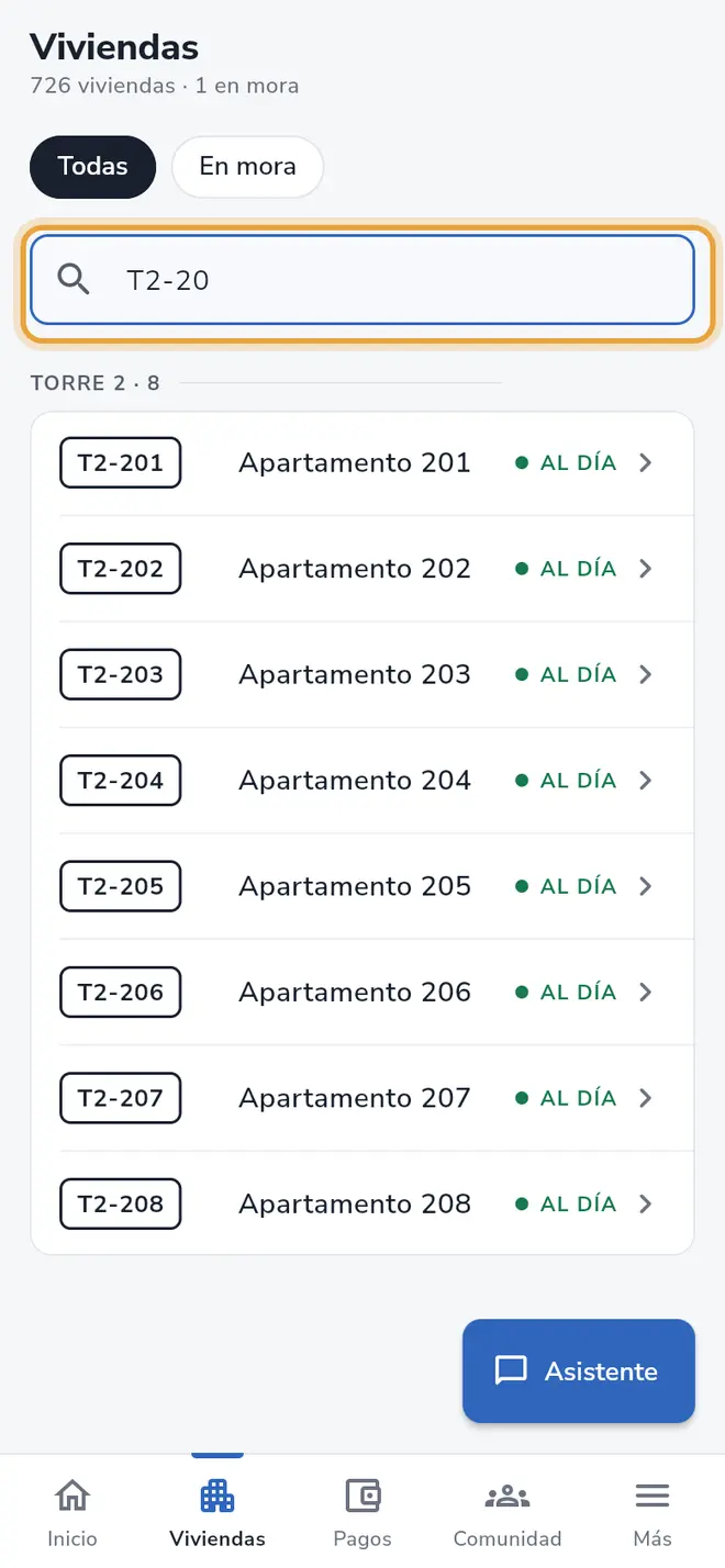 Pestaña Viviendas: el campo Busca vivienda o documento tiene texto escrito y la lista está filtrada