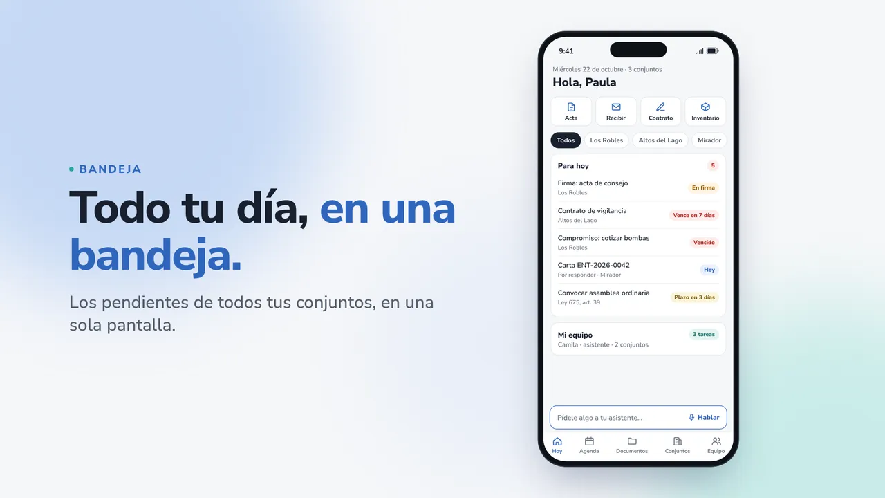 Mi oficina en iHabitar Staff: la bandeja “Todo tu día, en una bandeja” con la firma de un acta, un contrato por vencer, una carta por responder y la convocatoria de una asamblea