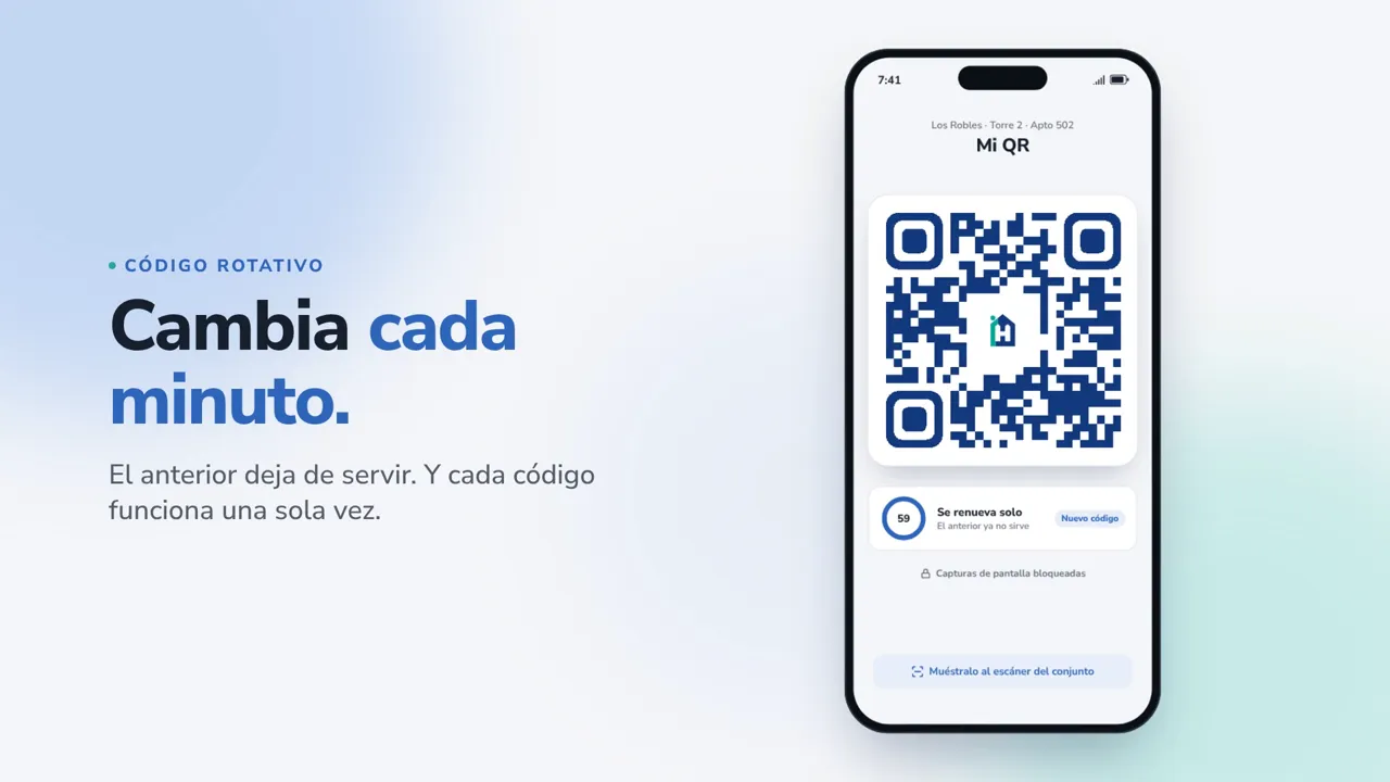 Mi QR en la app iHabitar: el código QR personal del apartamento 502 con el anillo de cuenta regresiva que lo renueva cada minuto y el aviso de capturas de pantalla bloqueadas